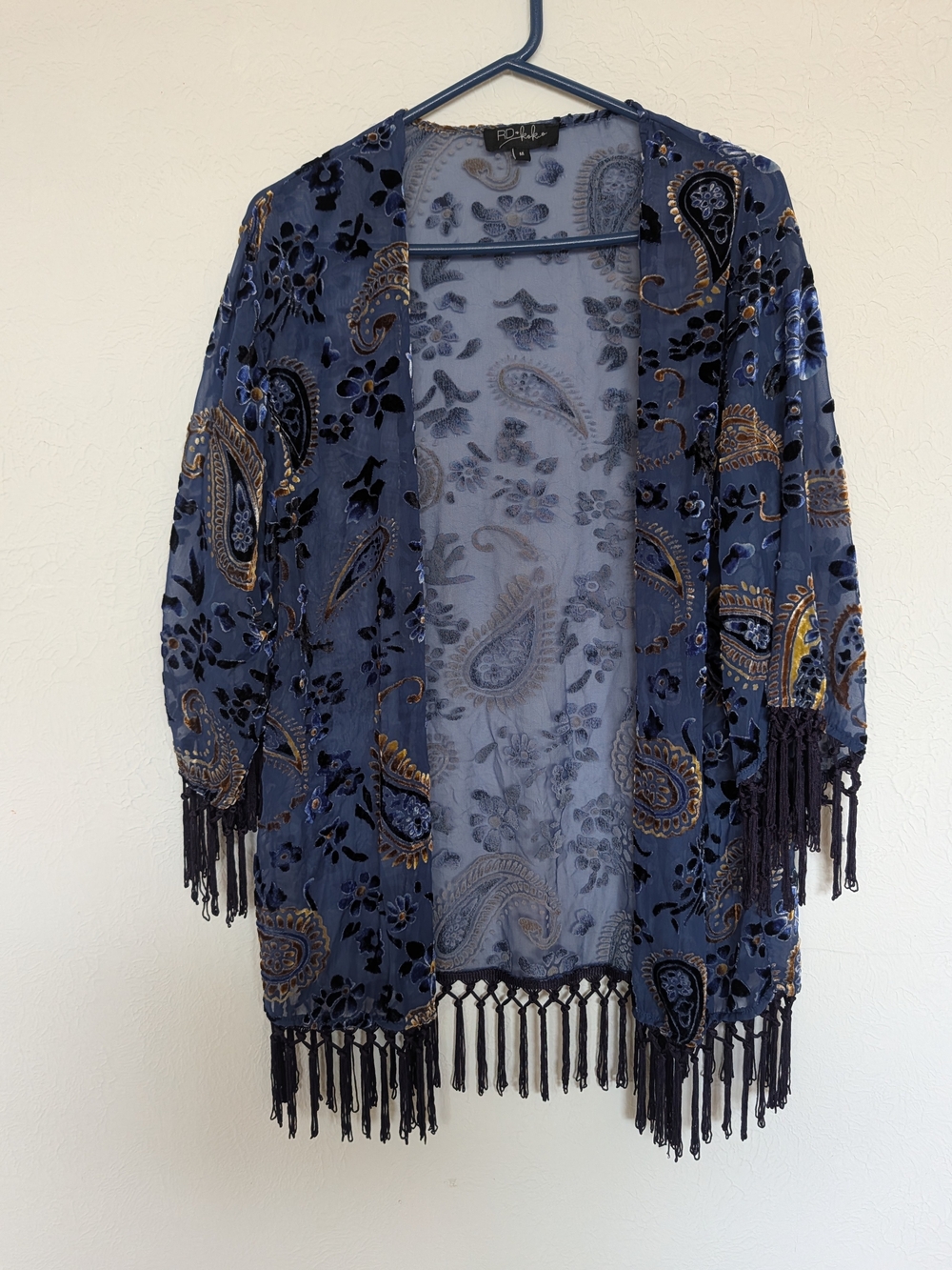 Velvet Paisley Fringe Open-Front Kimono Shrug - Blue